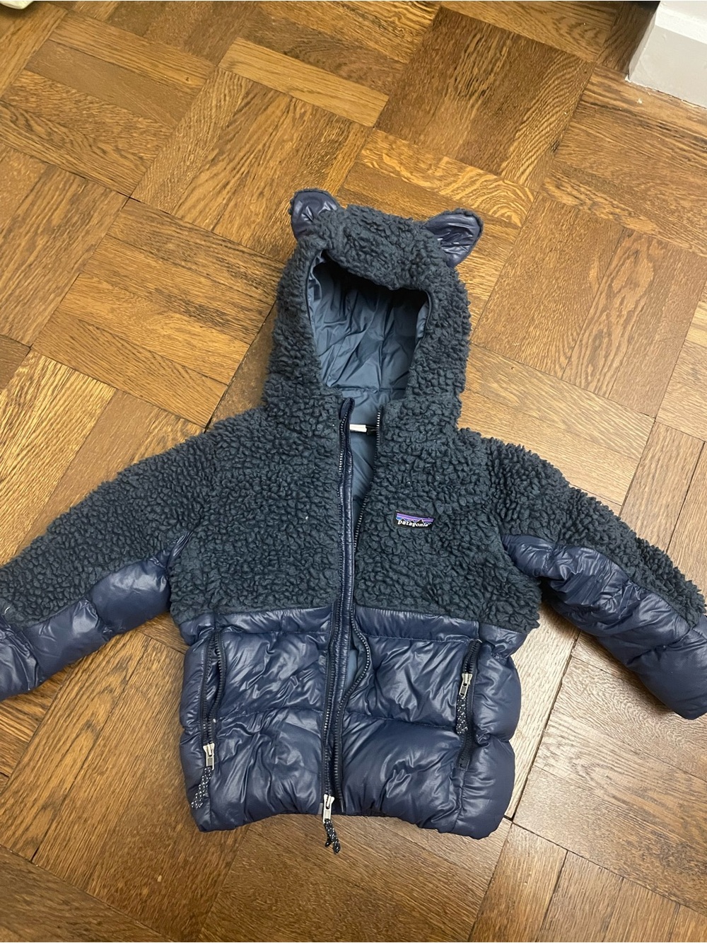 Patagonia hi-loft furry friends navy jacket